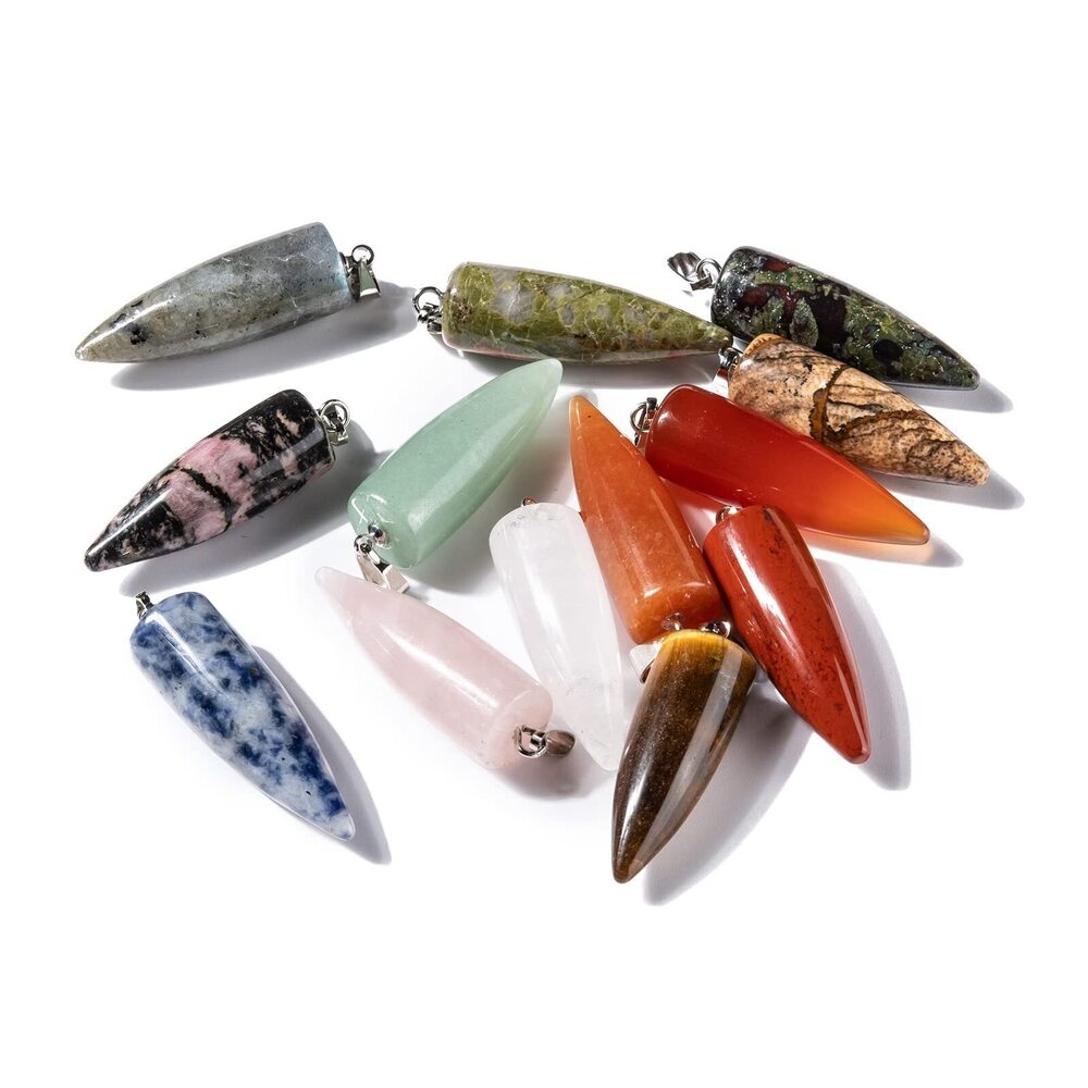 1935 10pcs Bullet Shape Natural Mixed Gemstone Pendants Platinum Brass
